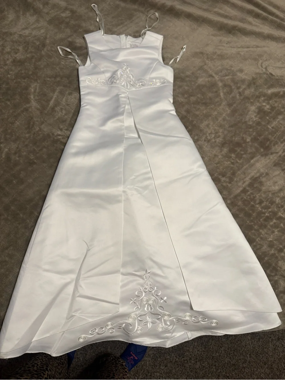 David's Bridal White Satin Flower Girl Dress with Appliqué